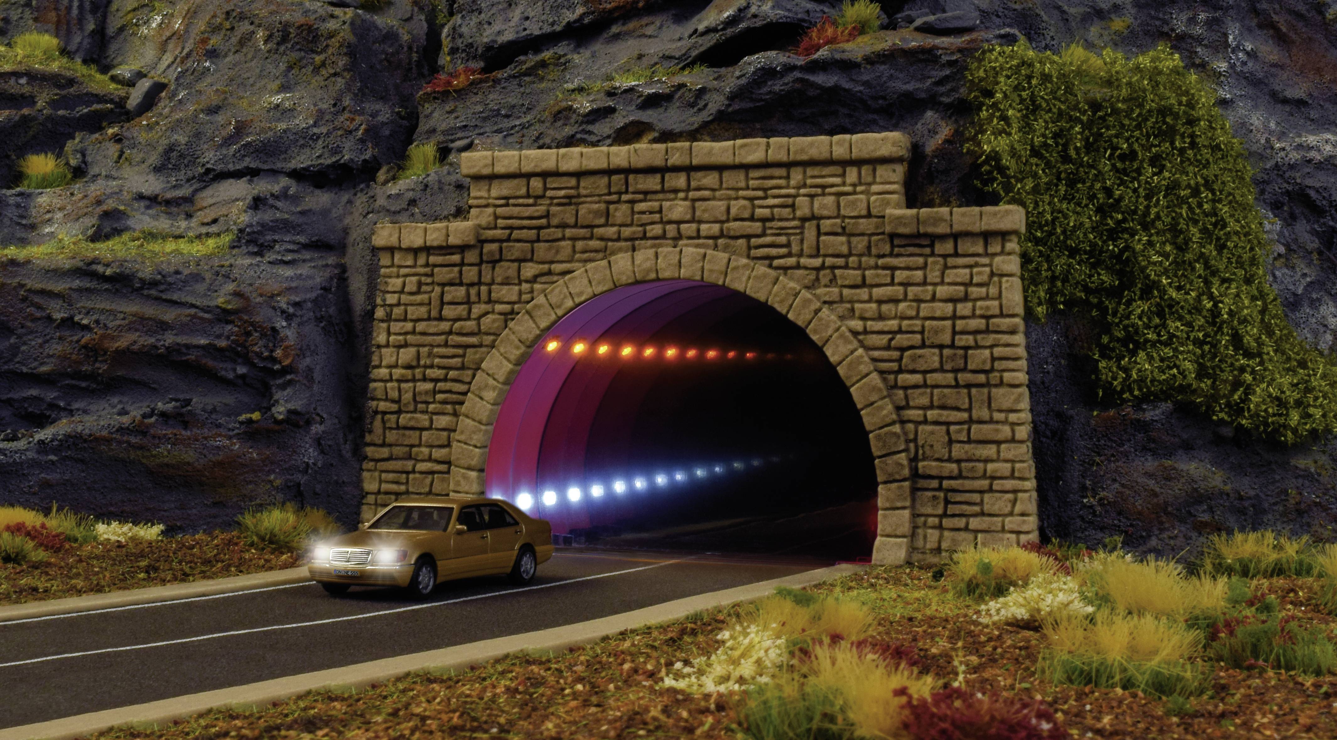Een auto rijdt door een verlichte tunnel met een stenen ingang, omgeven door rotsen en begroeiing.