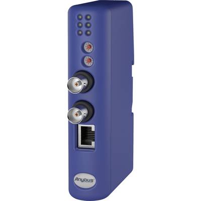 Een blauw industrieel apparaat met LED-indicatoren, twee ronde connectoren en een Ethernet-aansluiting aan de voorkant.