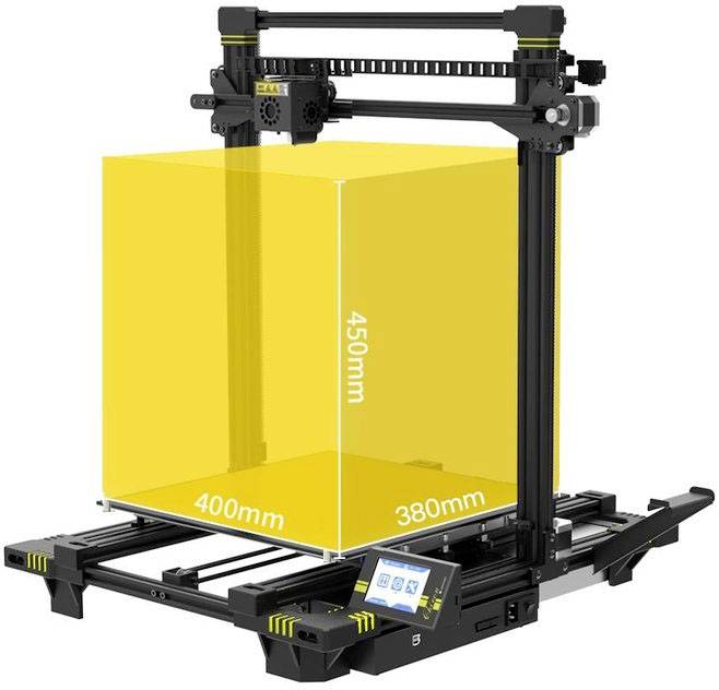3D-printer met een gele, transparante kubus die de printcapaciteit van 400 mm x 380 mm x 450 mm aangeeft. Een touchscreen is zichtbaar.