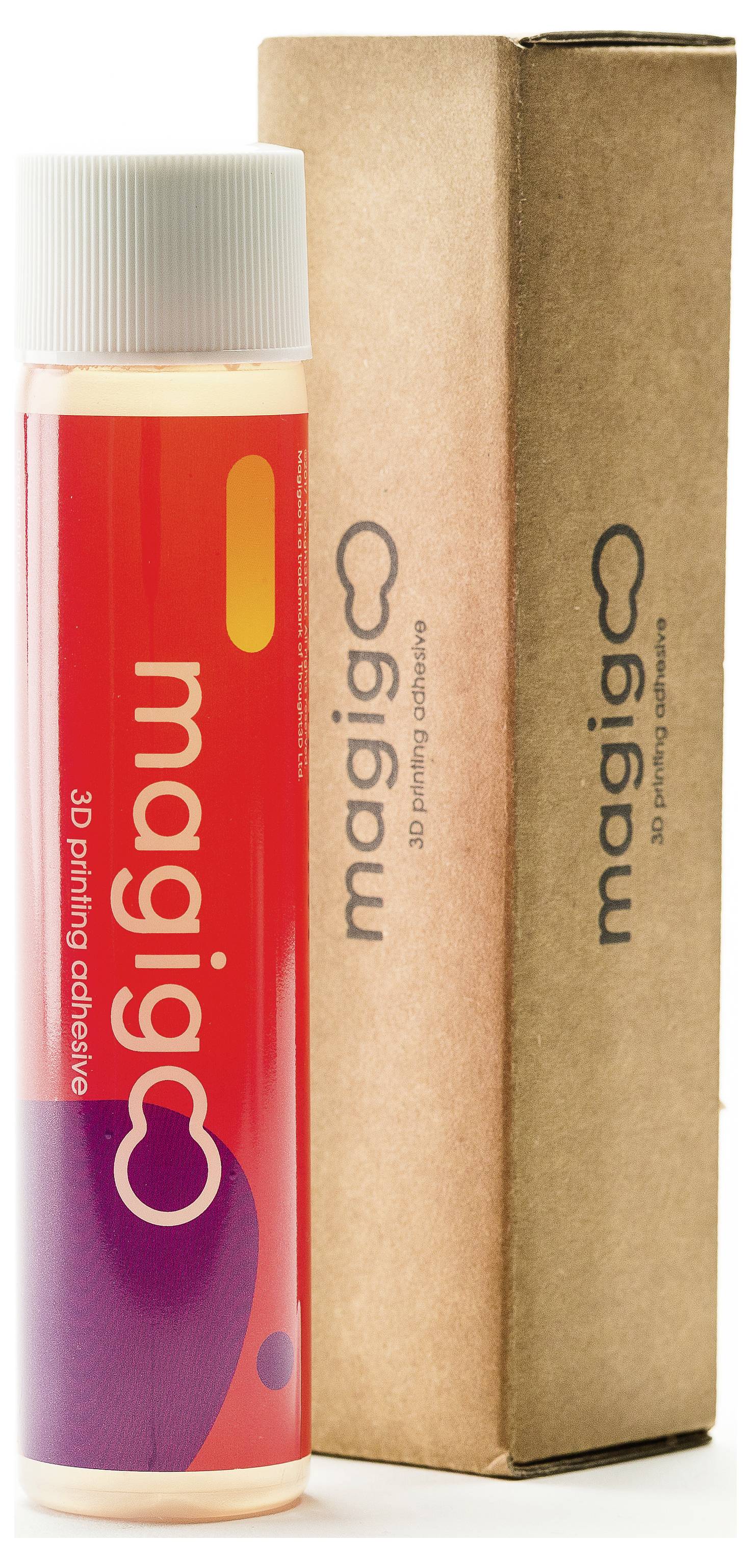 Cilindrische fles met een rood etiket met de tekst 'magigoo', naast een bruine verpakkingsdoos met hetzelfde logo.