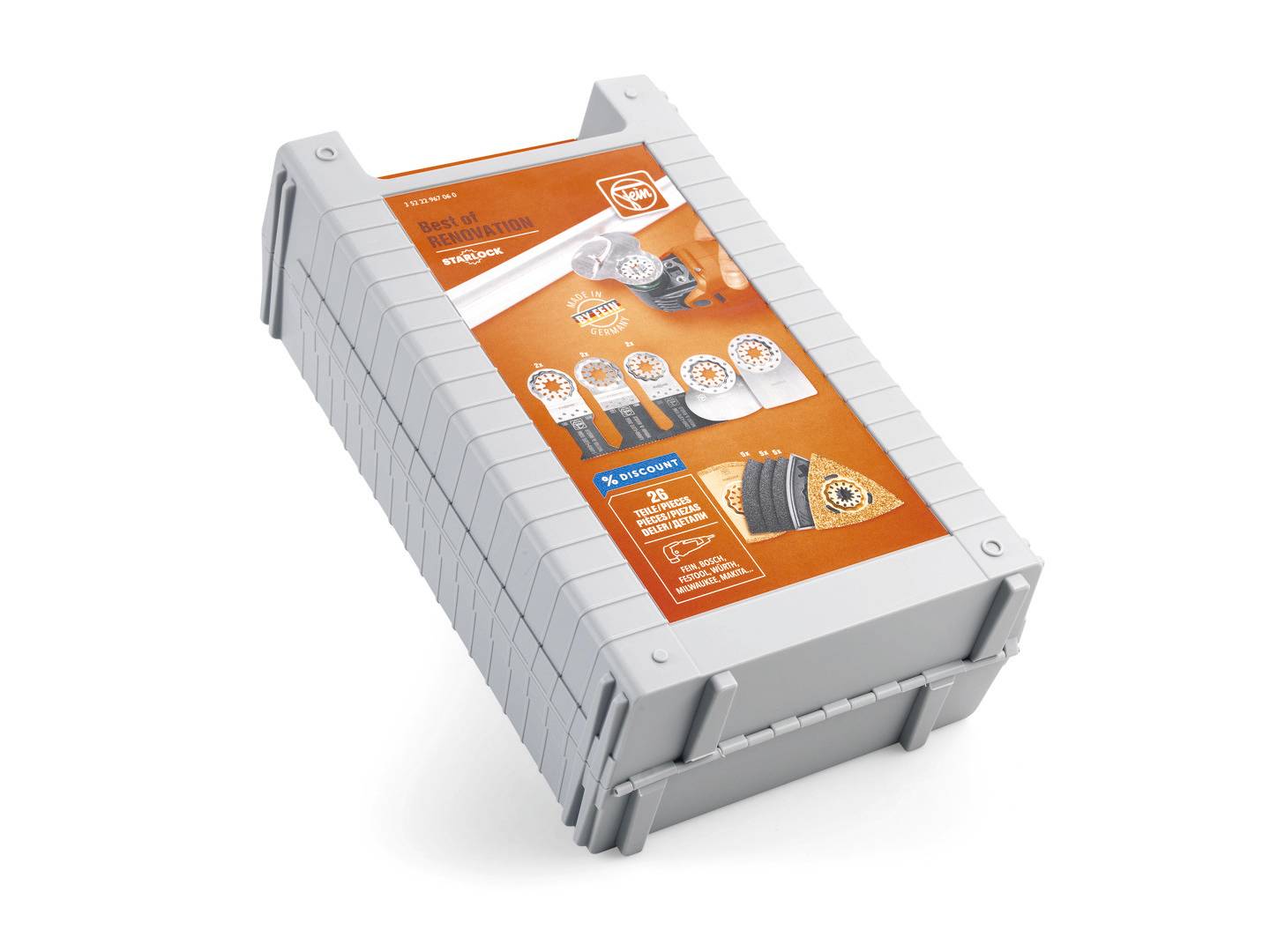 Grijze gereedschapskoffer met oranje etiket dat verschillende zaagbladen en hun toepassingen laat zien. Tekst: 'Best of Multitool'.