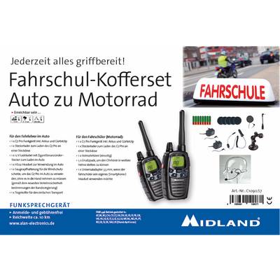 'Rijschool-kofferset Auto naar Motor', toont fietser, communicatieapparatuur, toebehoren en contactgegevens.