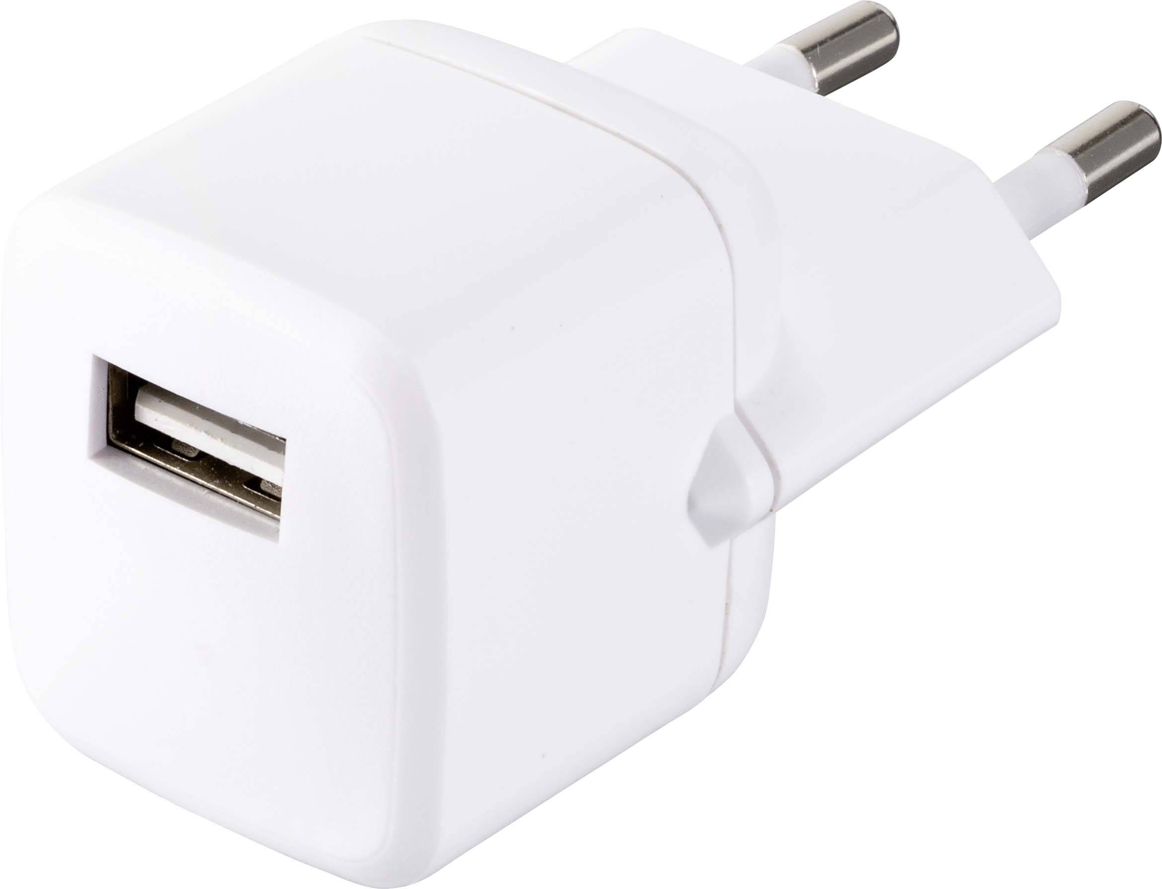 Een witte USB-wandadapter met twee ronde stekkerpennen, geschikt voor Europese stopcontacten.