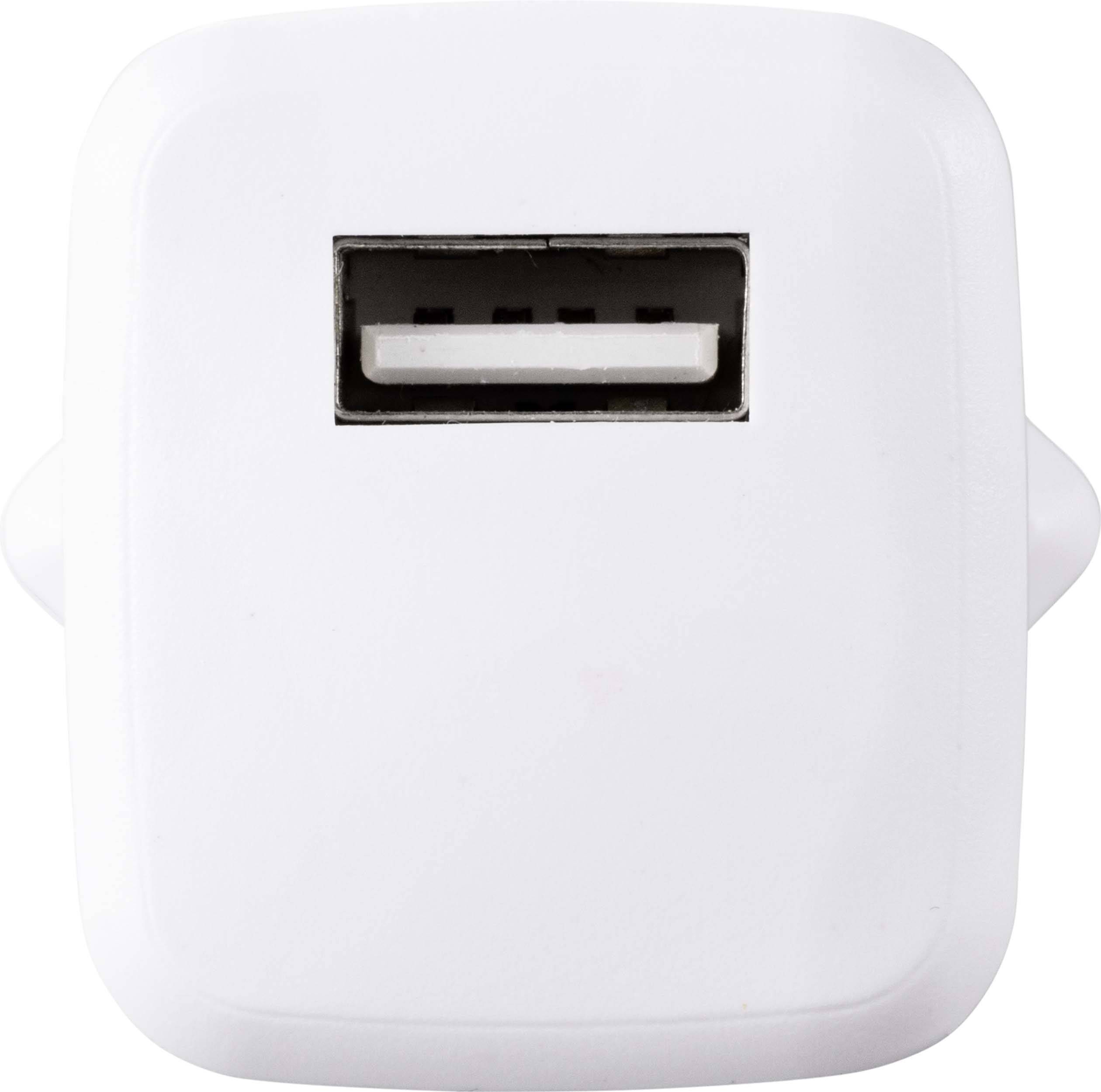 Wit USB-oplader met één USB-poort, vooraanzicht.