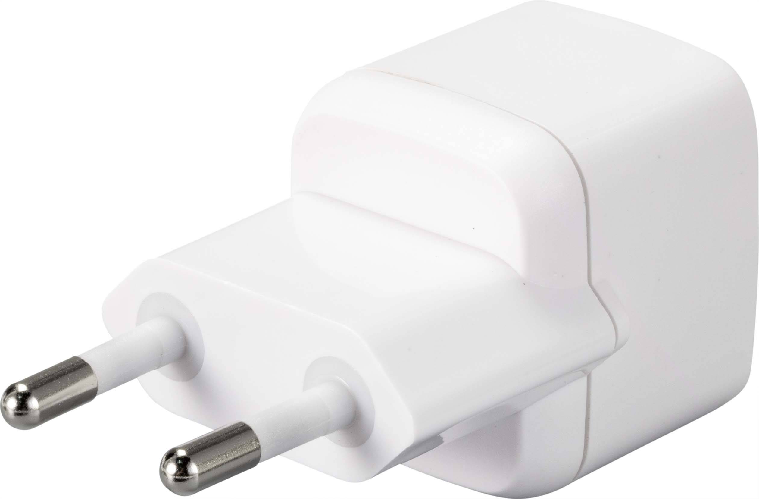 Wit USB-oplader met Europese stekkertype, geschikt voor het opladen van elektronische apparaten.