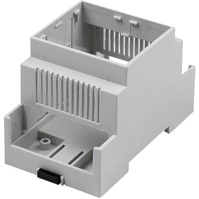 Grijze kunststof behuizingsadapter voor montage op een DIN-rail, met ventilatiesleuven en aansluitvoorziening onderaan.