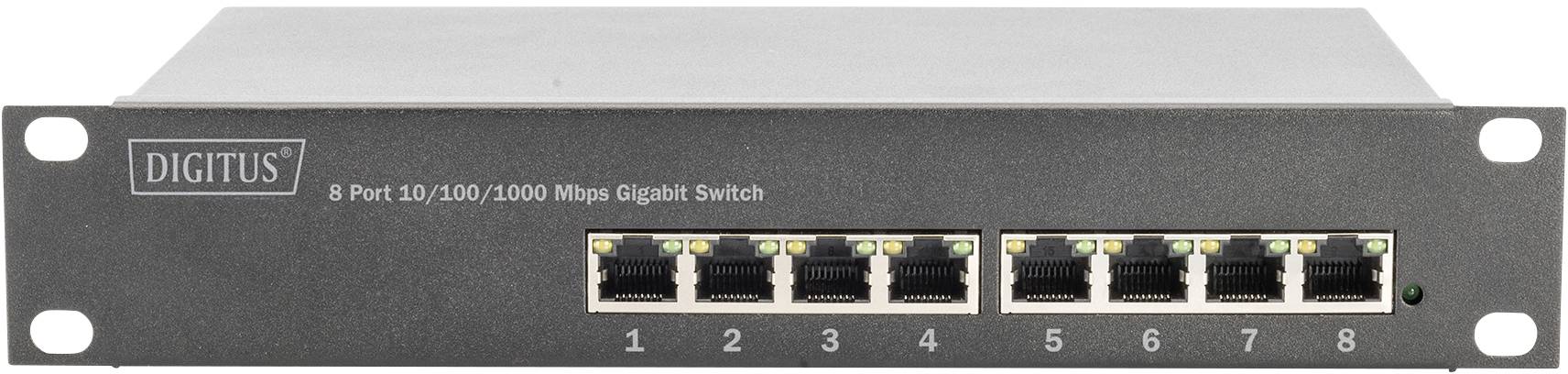 Een 8-poorts Gigabit-switch met Ethernet-aansluitingen, geschikt voor gegevensoverdrachten van 10/100/1000 Mbps, model van Digitus.
