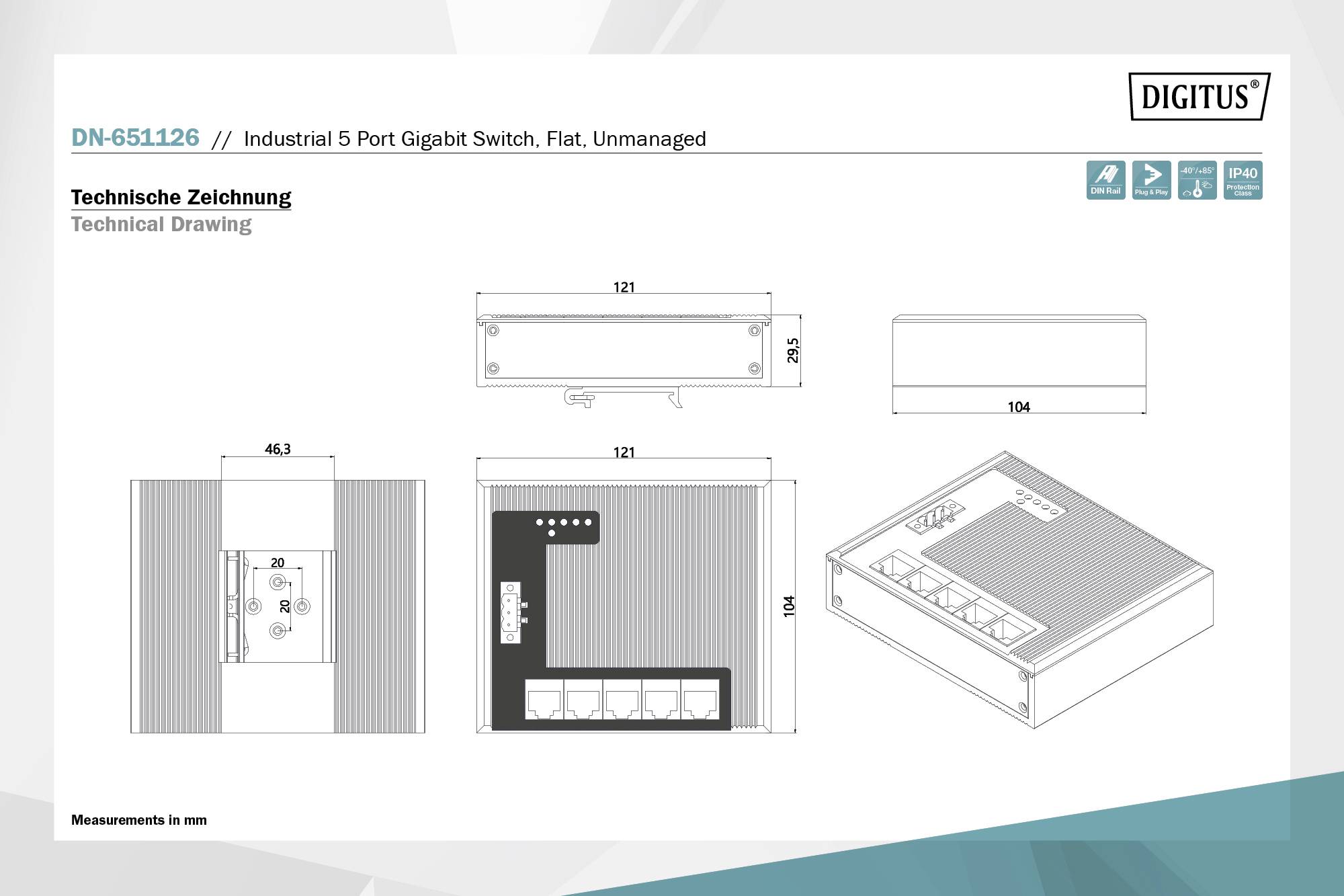 'Industriële 5-Poorts Gigabit Switch, Plat, Onbeheerd' van Digitus. Technische tekening met afmetingen van voor-, zij- en bovenaanzicht.