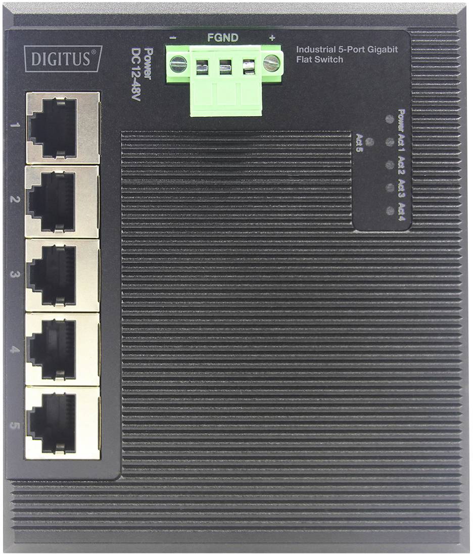 'Industriële 5-poorts Gigabit platte switch' met vijf Ethernet-poorten en groene stroomvoedingsaansluitleiste op zwarte behuizing.