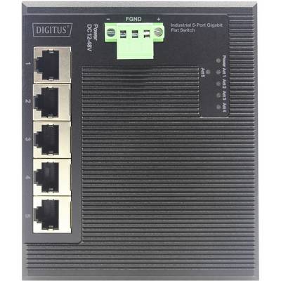 'Industriële 5-poorts Gigabit platte switch' met vijf Ethernet-poorten en groene stroomvoedingsaansluitleiste op zwarte behuizing.