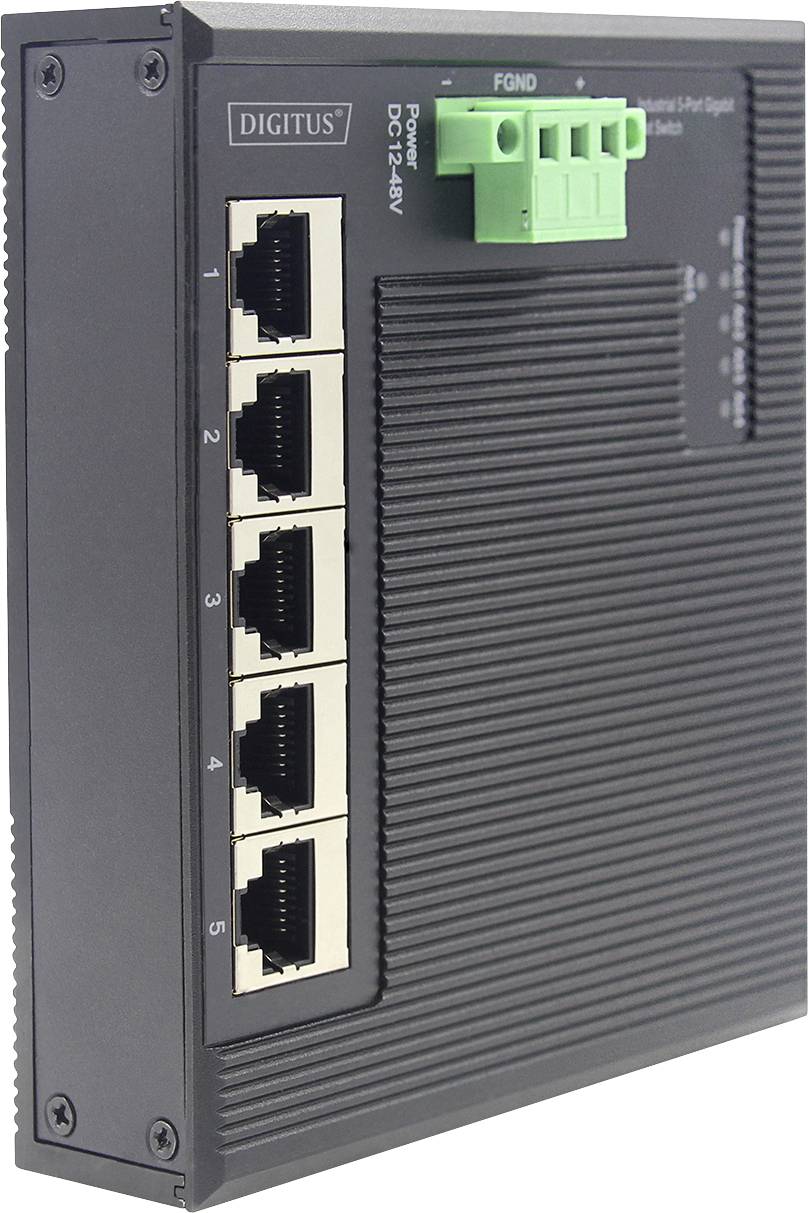 De industriële Ethernet-switch heeft zes RJ45-poorten en een groene aansluitblok. Robuust, voor professionele netwerkaansluitingen.