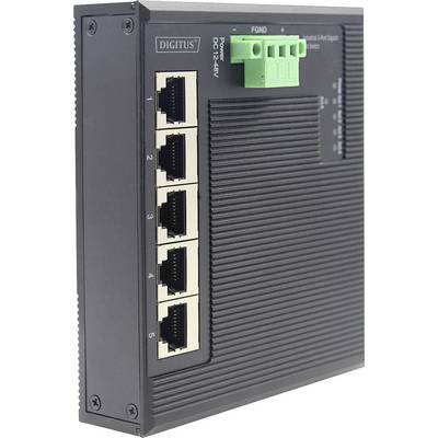 De industriële Ethernet-switch heeft zes RJ45-poorten en een groene aansluitblok. Robuust, voor professionele netwerkaansluitingen.