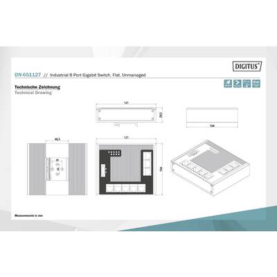 Industriële Gigabit-Switch Tekening met Afmetingen: 121mm x 46,3mm. Toont boven-, vooraanzicht en 3D-diagram.