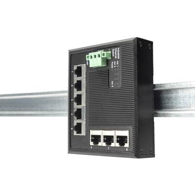 Een zwarte Ethernet-switch met meerdere poorten is gemonteerd op een metalen rail. Bovenaan bevinden zich groene aansluitklemmen.