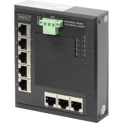 Een zwarte, industriële Gigabit-netwerk-switch met acht Ethernet-poorten voor bekabelde netwerkverbindingen.