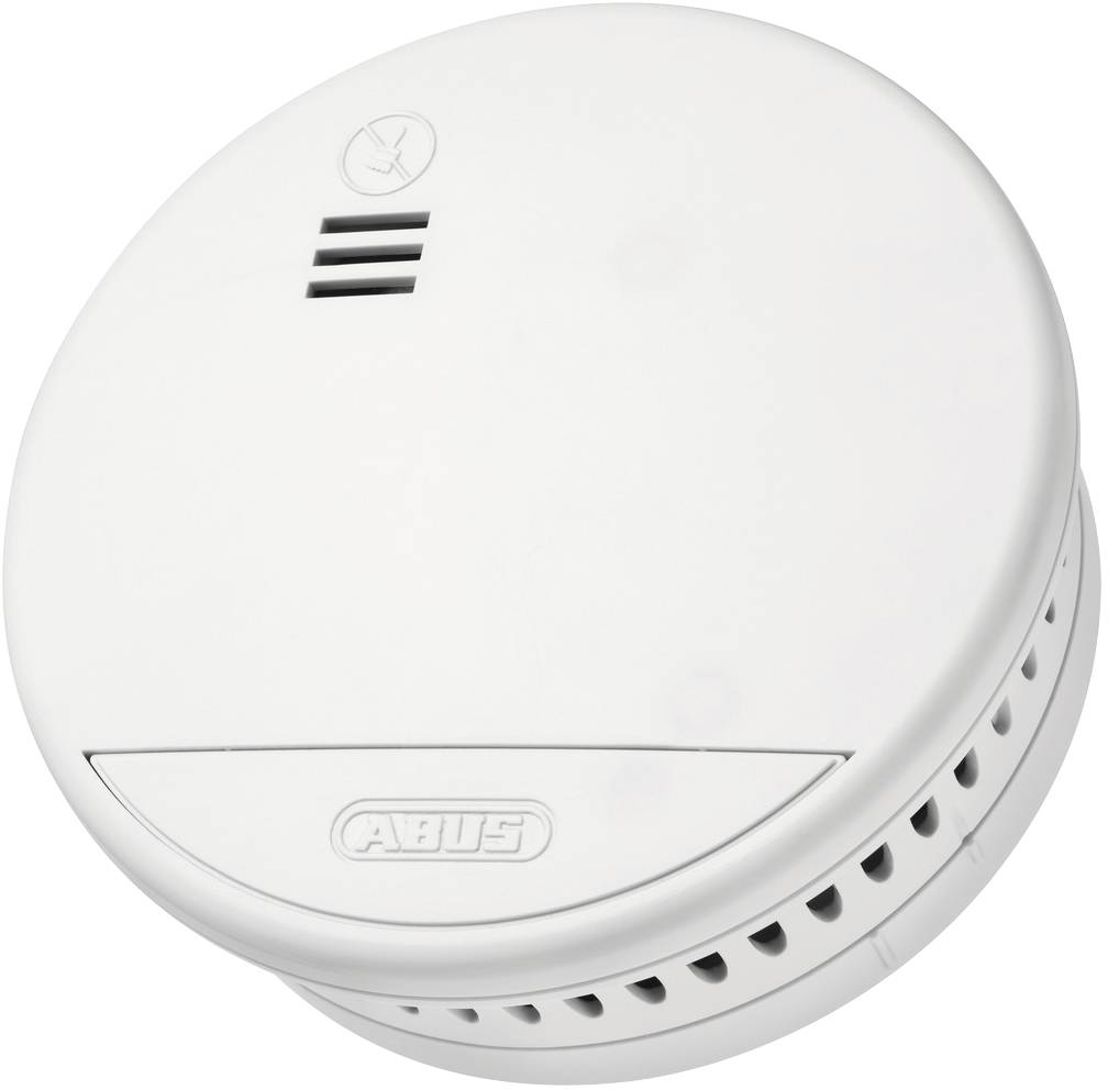 Een ronde witte rookmelder met ventilatiesleuven en een kleine knop, gemonteerd aan een plafond. Merknaam is zichtbaar.