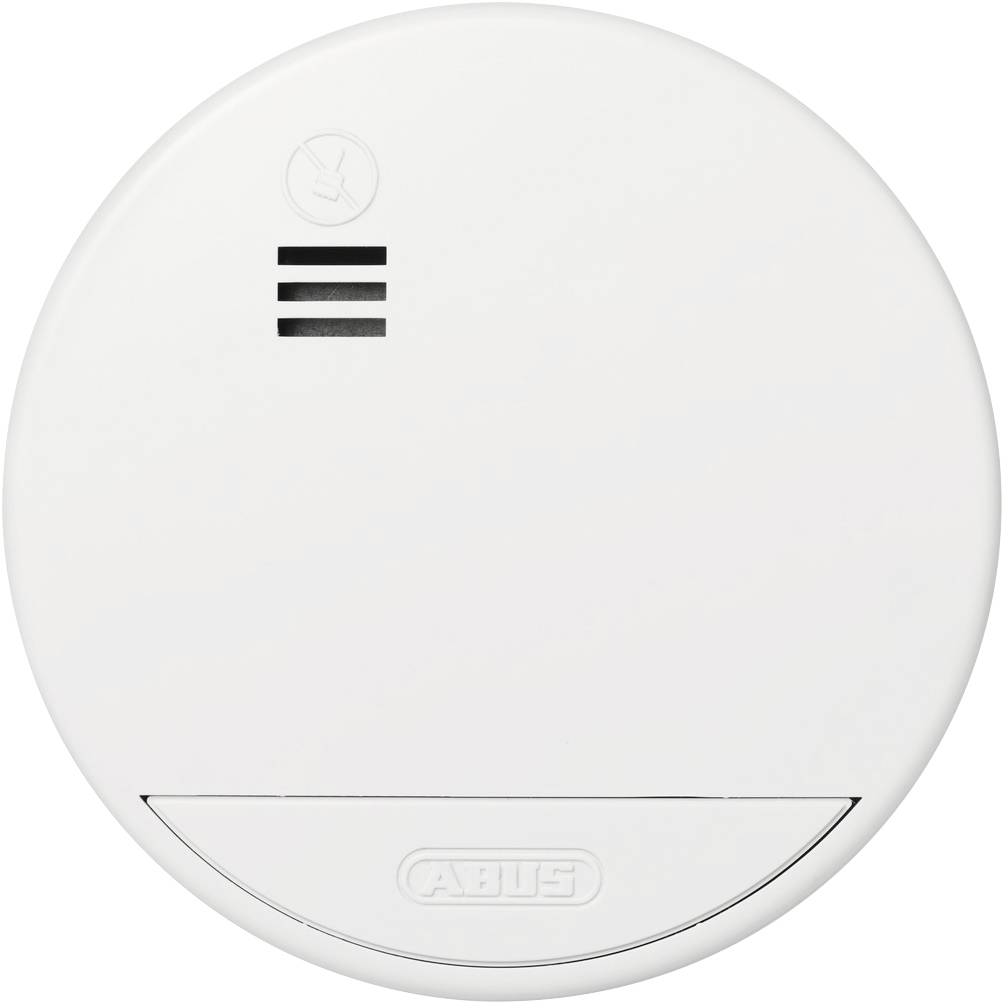 Een witte rookmelder met een zwarte ventilatiesleuf, gemerkt met 'ABUS'. Ronde vorm, strak design, voor brandbeveiliging.