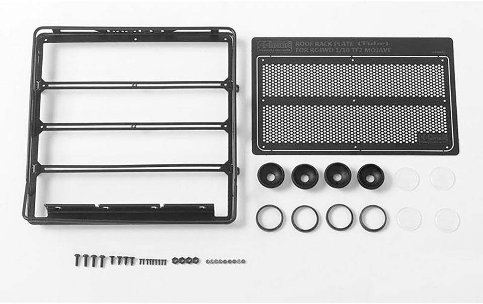 'Auto-dakdrager-kit met roosterplaat, schroeven en afdichtingen. Handleiding toont: Verwijderen Jeep Mojave dak, montage-instructies inbegrepen.'