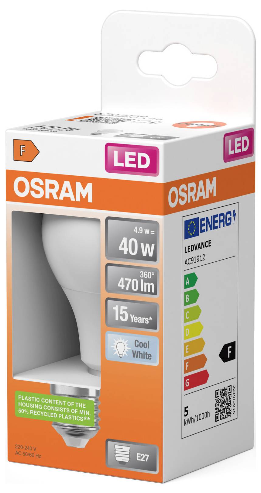 OSRAM LED-gloeilamp detailhandelsverpakking met 40W-equivalent, 470 lm, koel wit, E27-fitting, energieklasse F.