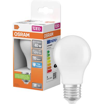 OSRAM LED-gloeilamp met retailverpakking, toont een 40W-equivalent, 470 lm, koel daglicht, E27-fitting.