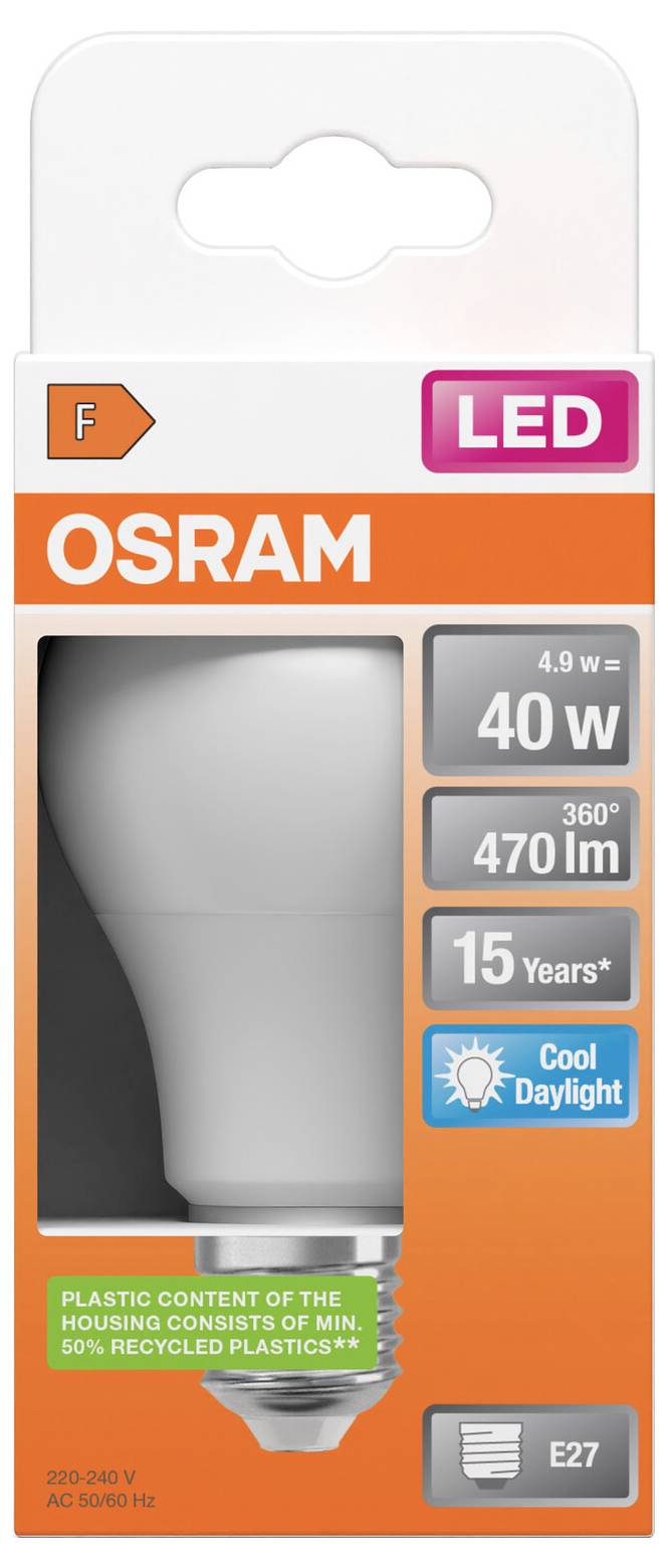 Verpakking van een OSRAM LED-gloeilamp gelabeld '40 W' equivalent, '470 lm', '15 jaar', 'Cool Daylight', en E27-fitting.