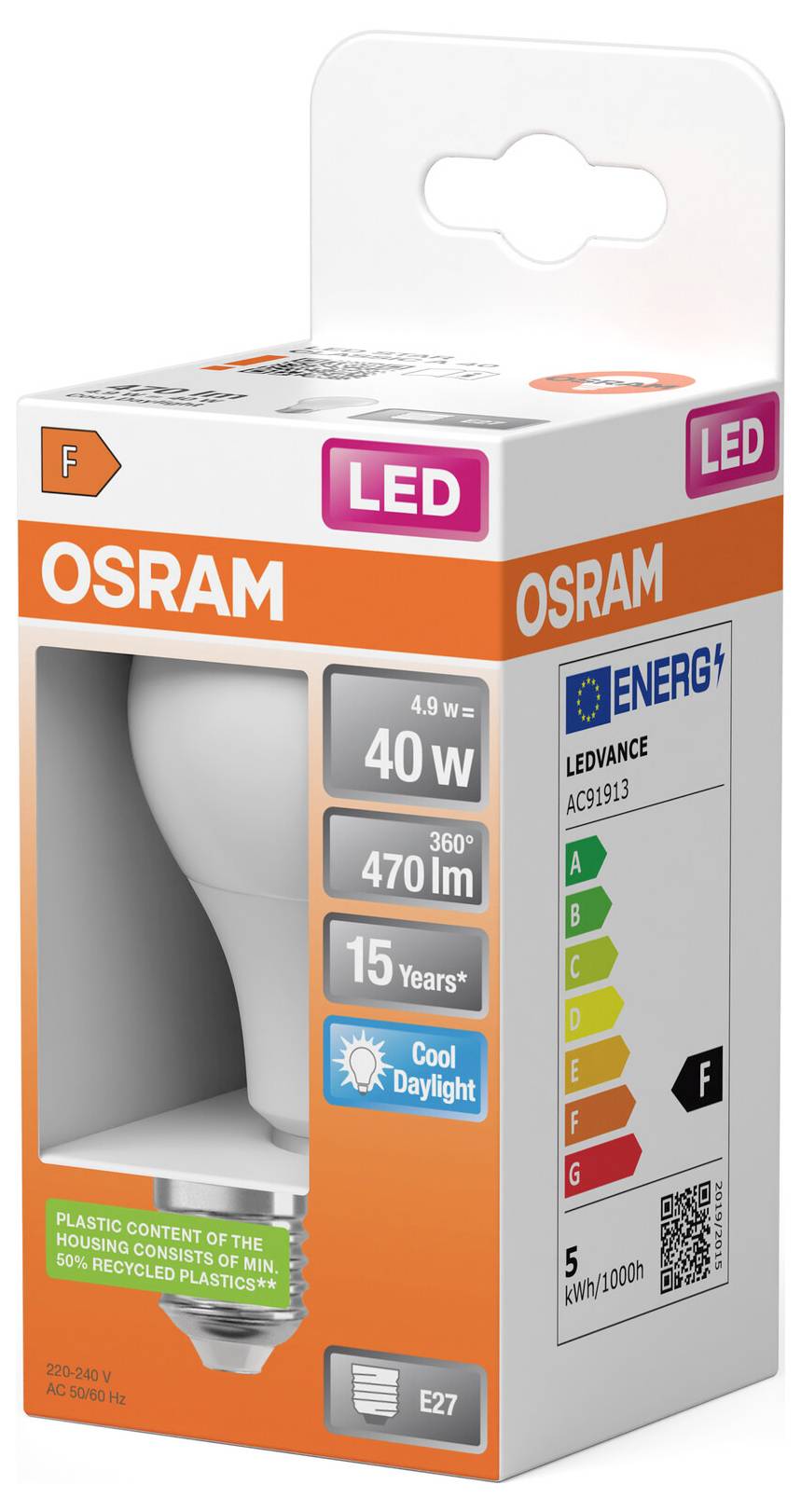 OSRAM LED-lamp verpakking met een 40W-equivalent, 470 lm, Cool Daylight, E27, energie-efficiëntieklasse F.