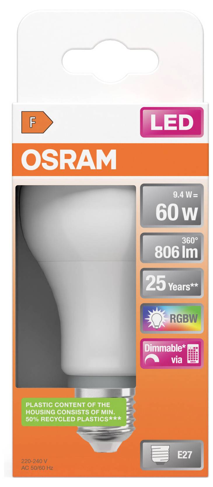 OSRAM LED-gloeilamp verpakking met 60W equivalent, 806 lumen, dimbaar, E27-fitting en bewering van '25 jaar' levensduur.