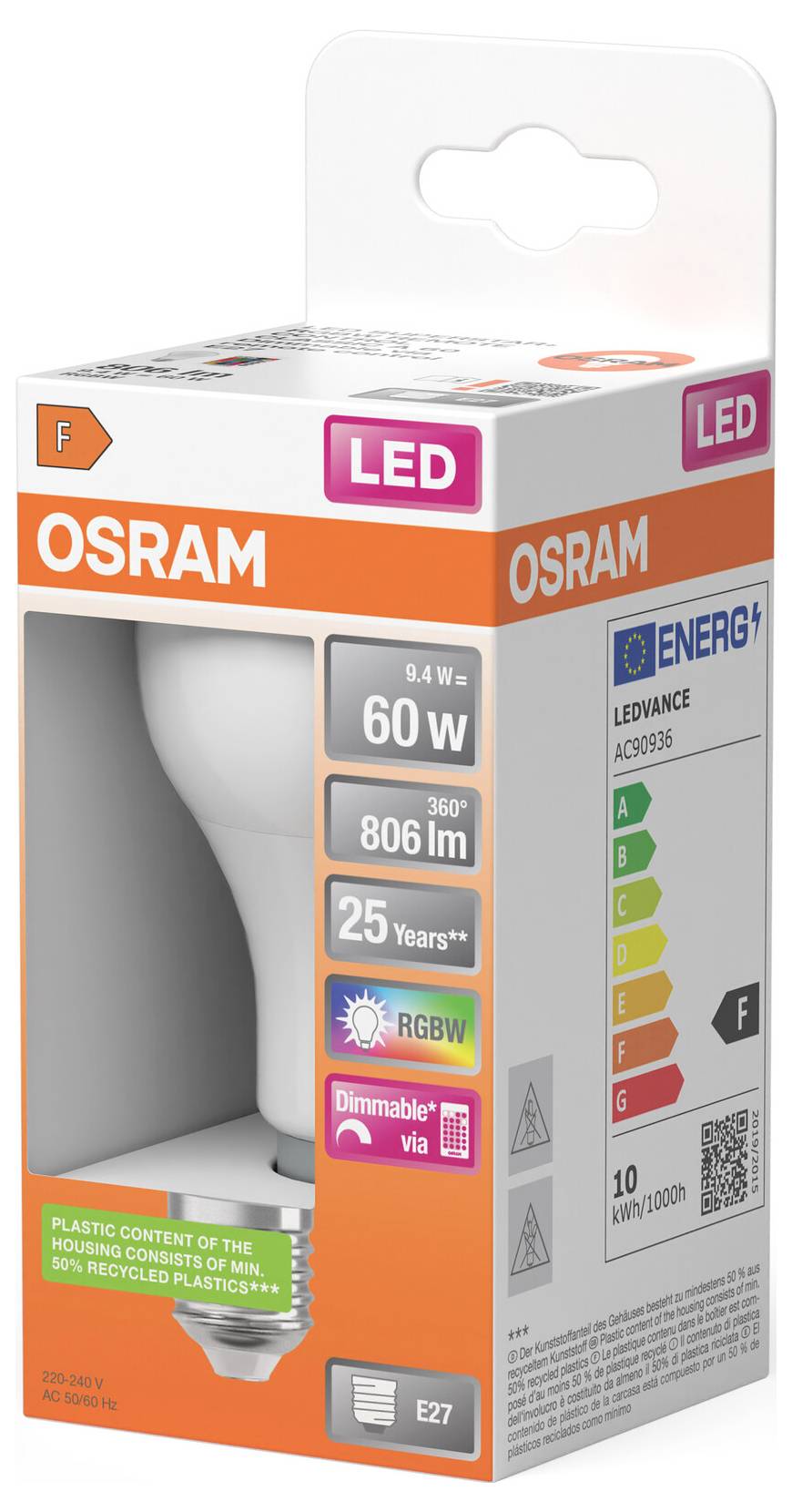 OSRAM LED-gloeilampverpakking, gelabeld 60W equivalent, 806 lm, 25 jaar, dimbaar, E27, met energierating F.