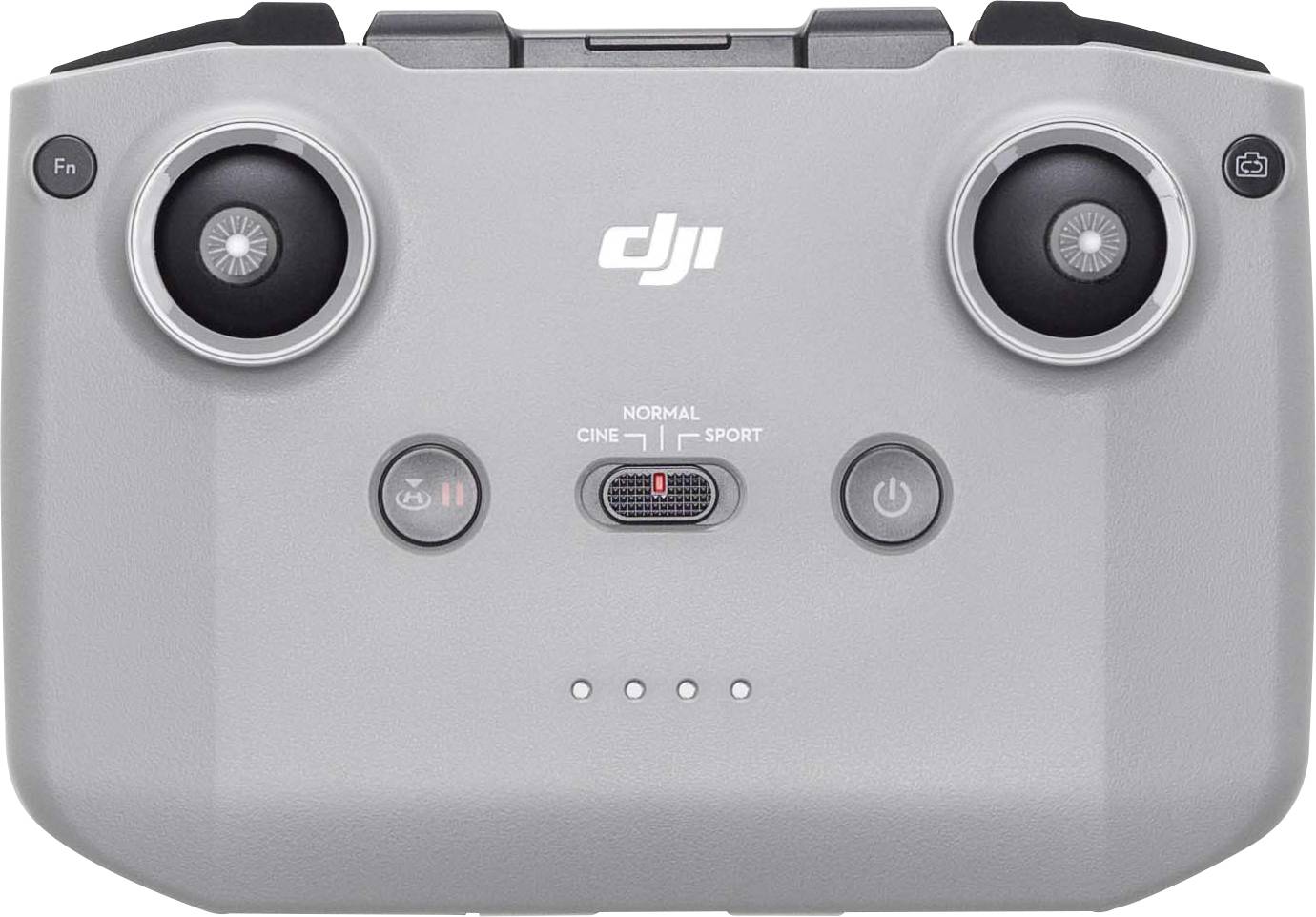 Grijze DJI-controller met twee joysticks en meerdere knoppen voor drone-besturing, toont modi: Normaal, Cine, Sport.
