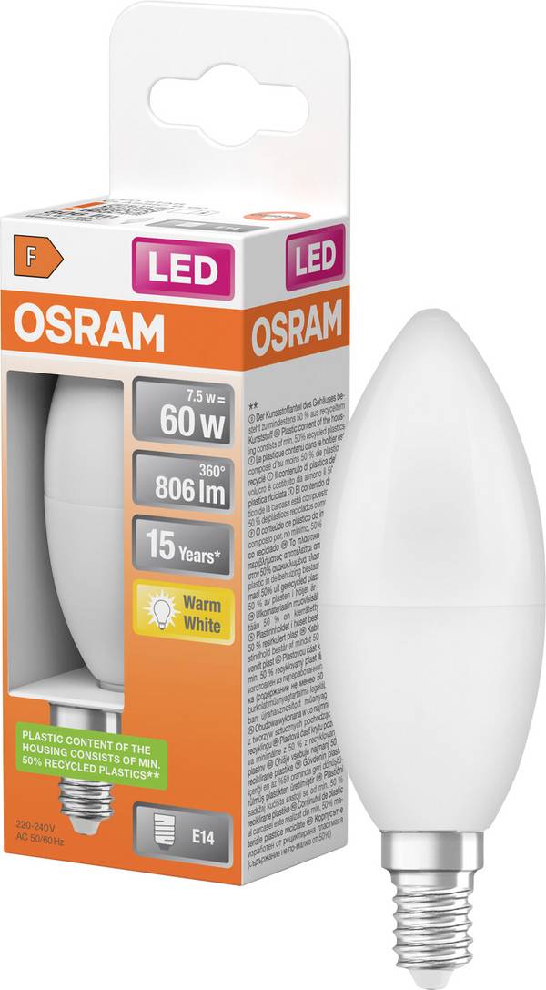 OSRAM HOMELIGHTING 4058075428546 LED-lamp Energielabel F (A - G) E14 Kaars 7 W = 60 W Warmwit (Ø x h) 39 mm x 115 mm  1 stuk(s)