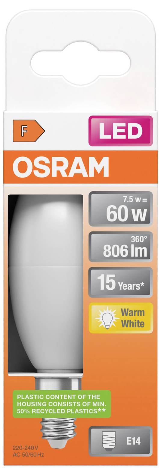 OSRAM LED-gloeilamp verpakking met 7,5 W, 60 W equivalent, 806 lm, 15 jaar, warm wit, E14-fitting, en opmerkingen over kunststofinhoud.