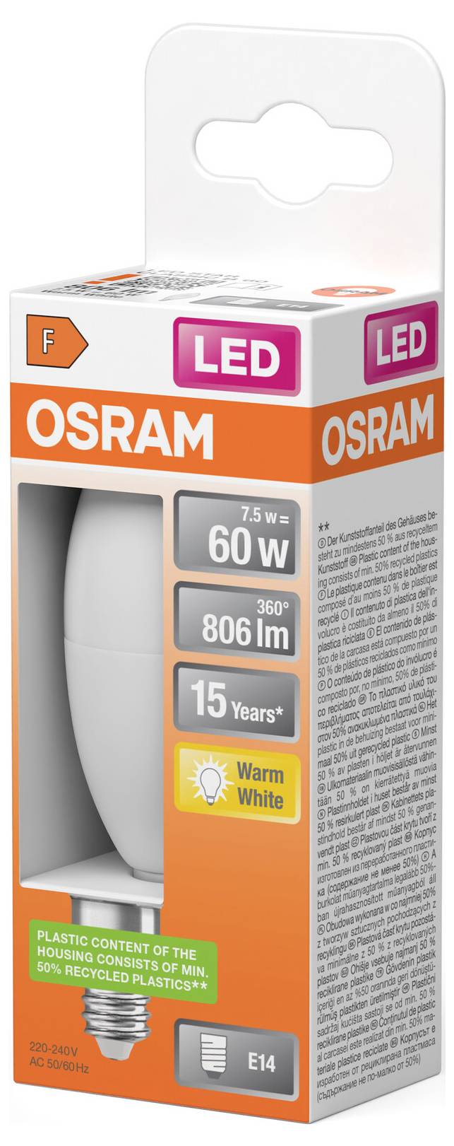 OSRAM LED-lamp in doos, 60W equivalent, 806 lm, warm wit, E14-fitting, 15 jaar levensduur.