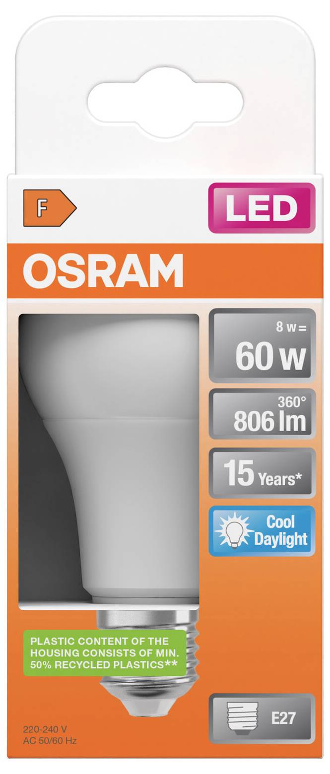 Verpakking voor een OSRAM LED-gloeilamp, met een 8W-lamp gelijkwaardig aan 60W, 806 lm, 15 jaar, koel daglicht, E27-fitting en F-energieklasse.