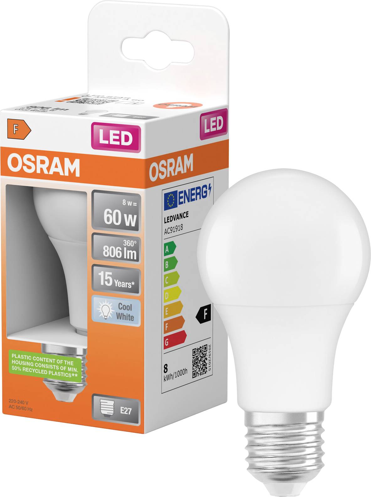 OSRAM LED-gloeilamp in handelsverpakking, gelabeld 8W, 60W equivalent, 806 lm, koel wit, E27-fitting.