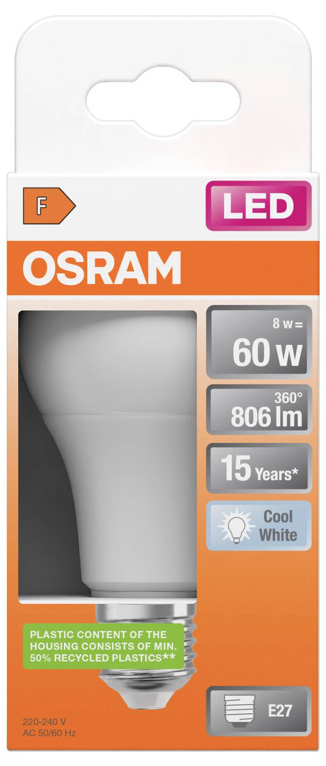 OSRAM LED-gloeilamp verpakking, met een 8W lamp gelijk aan 60W, 806 lm, 15 jaar, koel wit, E27-fitting.
