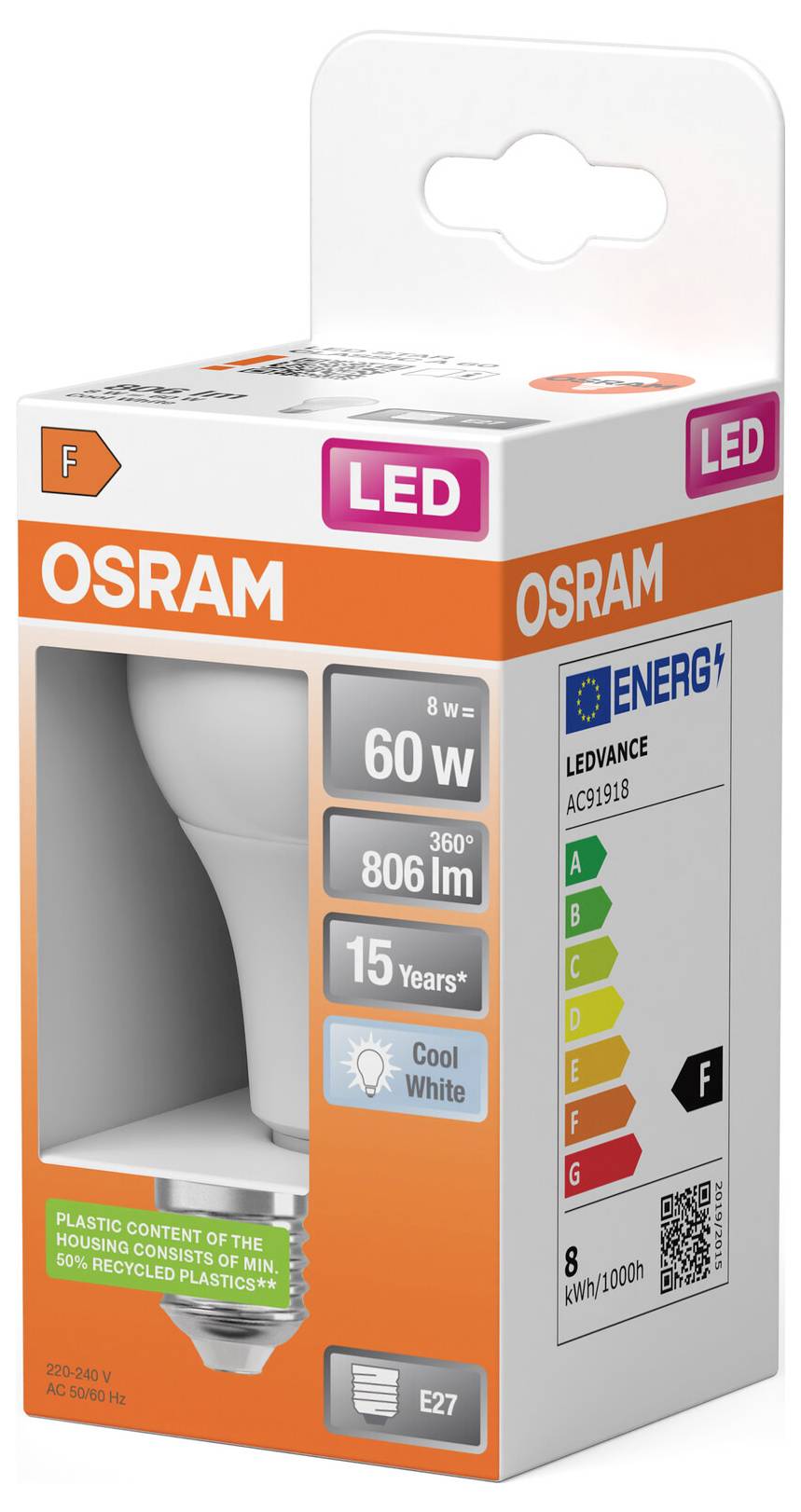 OSRAM LED-gloeilamp retailverpakking, met aanduiding van 8W, equivalent aan 60W, 806 lm, koel wit, E27-fitting, en energieklasse F.