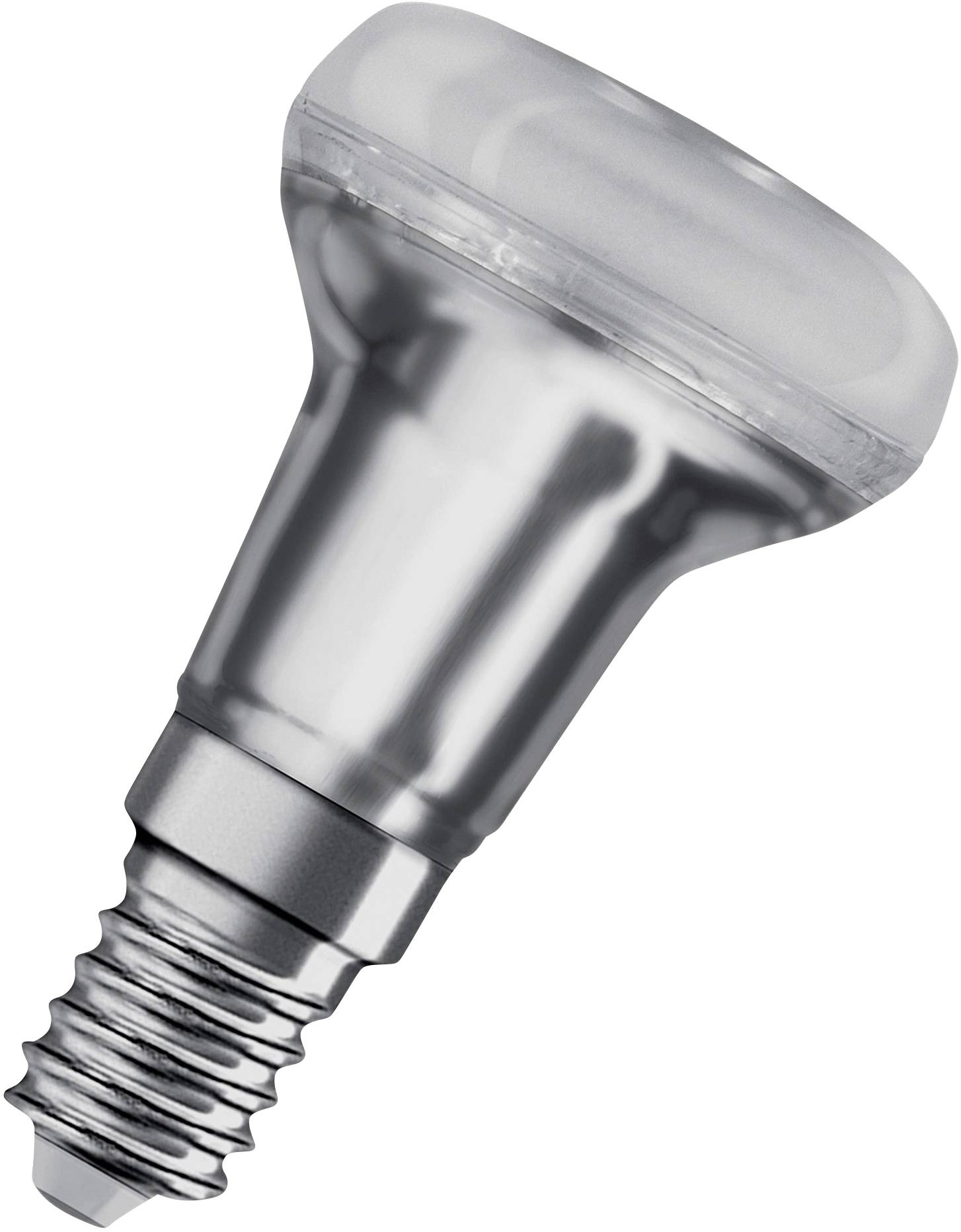 Een zilveren LED-lamp met E14-fitting, schuin weergegeven op een witte achtergrond.