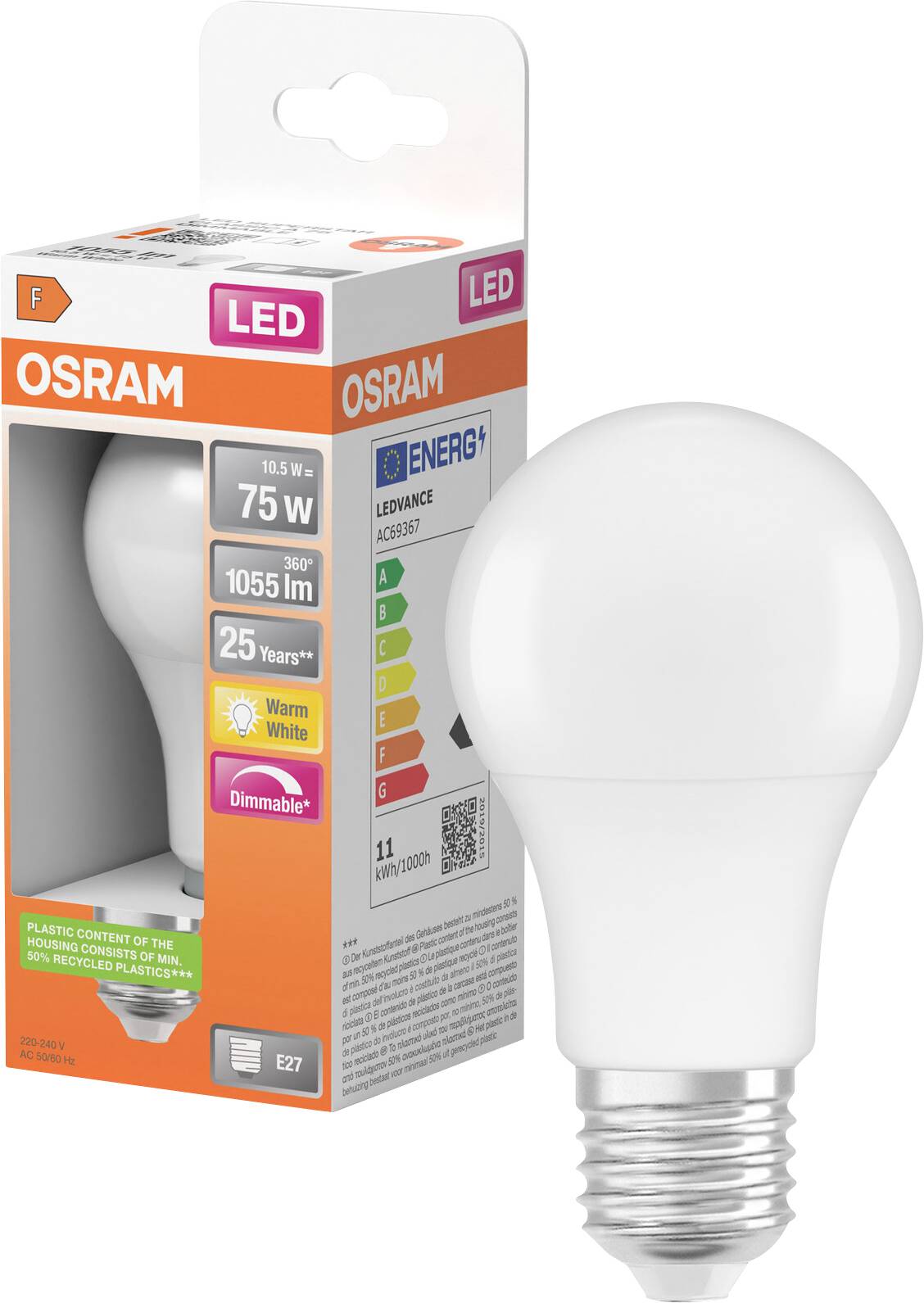 OSRAM LED-gloeilamp en verpakking, geëtiketteerd als 75W equivalent, 1055 lumen, warm wit, dimbaar, E27-fitting.