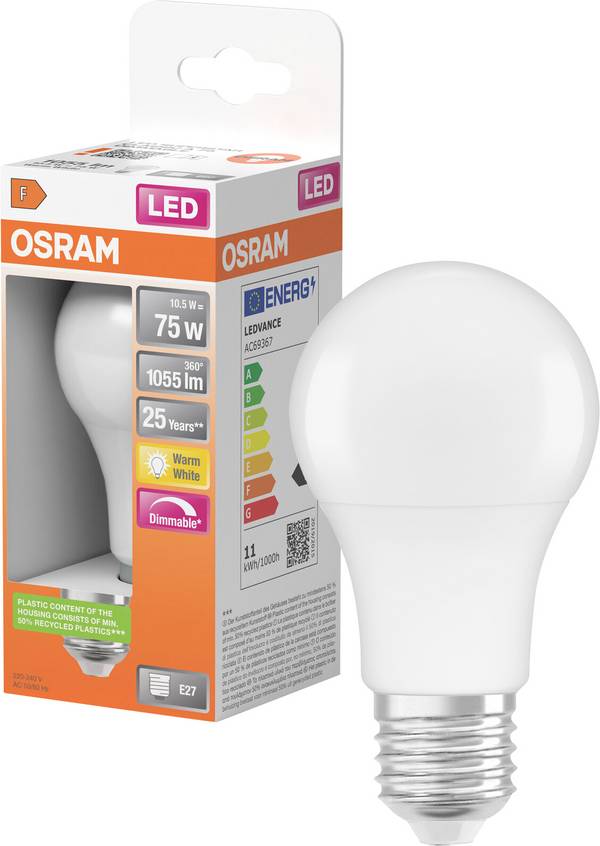 OSRAM HOMELIGHTING 4058075433809 LED-lamp Energielabel F (A - G) E27 Peer 10.5 W = 75 W Warmwit (Ø x h) 60 mm x 110 mm Dimbaar 1 stuk(s)
