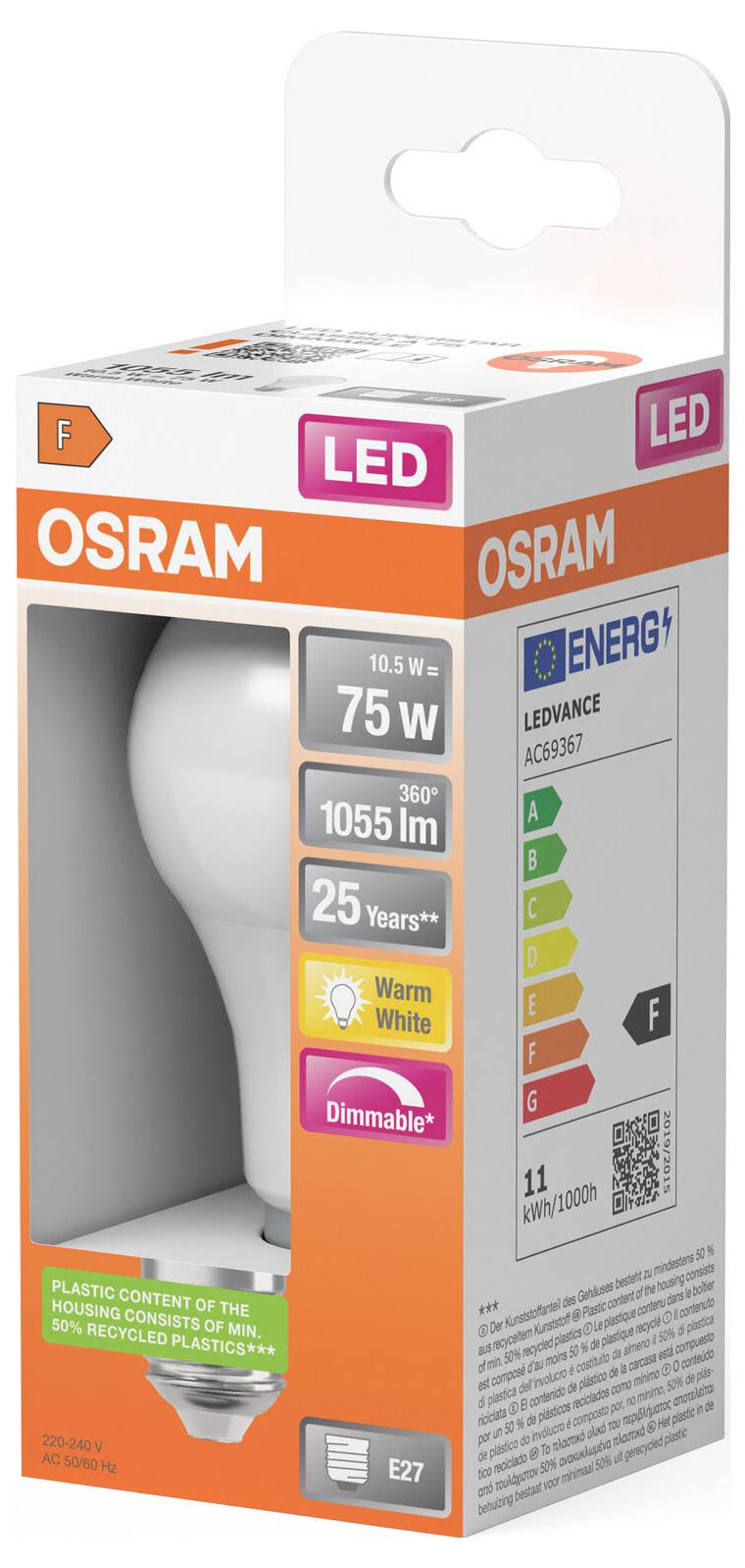 OSRAM LED-gloeilamp, 10,5 W, 75 W equivalent, warm wit, dimbaar, E27-fitting, energieklasse F.