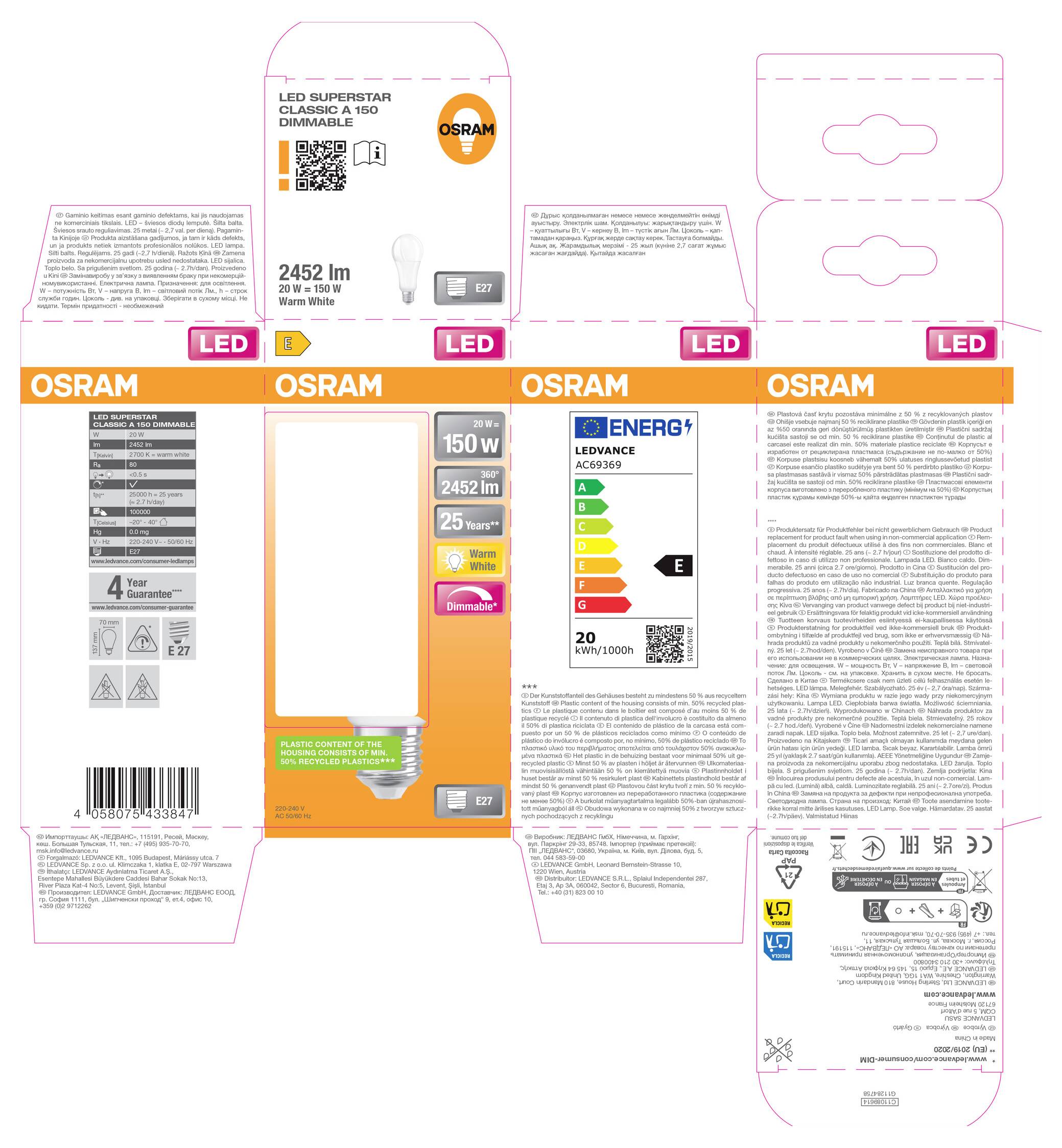 Verpakkingsuitslag voor een OSRAM LED-gloeilamp doos, met voorkant, achterkant, zijkanten en bovenklappenels met productgegevens en energielabel.
