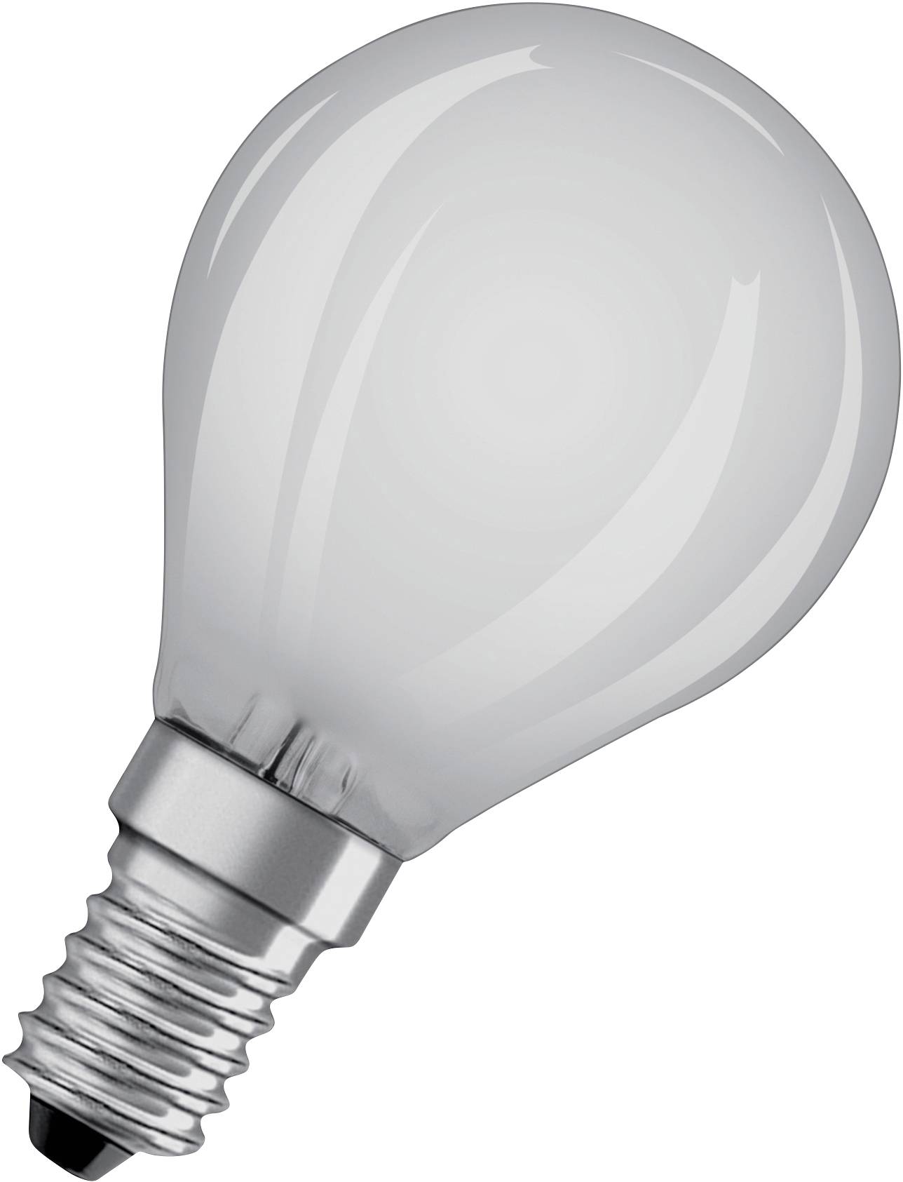 Gloeilamp met zilveren fitting, wit glas, op witte achtergrond.