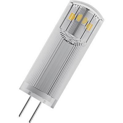 Een G4-LED-lamp met een cilindrische vorm en twee pennen aan de onderkant, waarbij vier gele LED-chips zichtbaar zijn in de transparante behuizing.