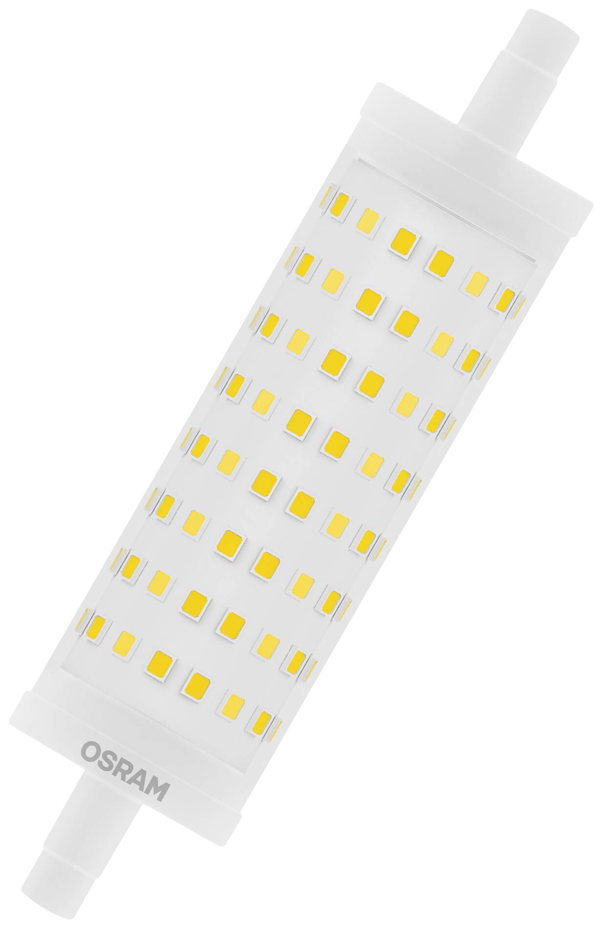 Een witte cilindrische LED-lamp met talrijke gele lichtgevende elementen.