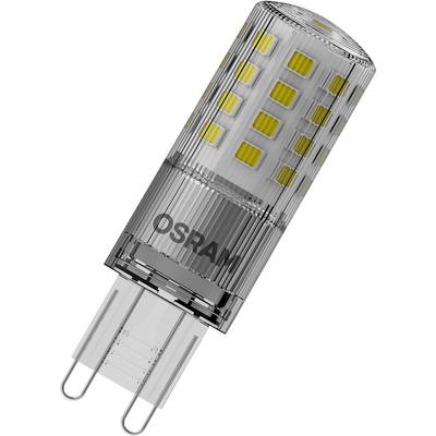 Een LED-lamp van OSRAM in cilindrische vorm met meerdere gele chips aan de binnenkant, geschikt voor G9-fittingen.