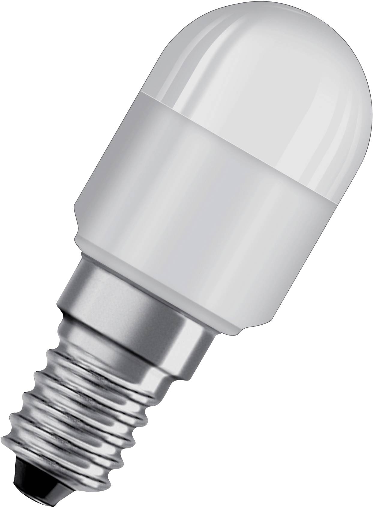 Een kleine, witte LED-lamp met E14-fitting, staand op een witte achtergrond.