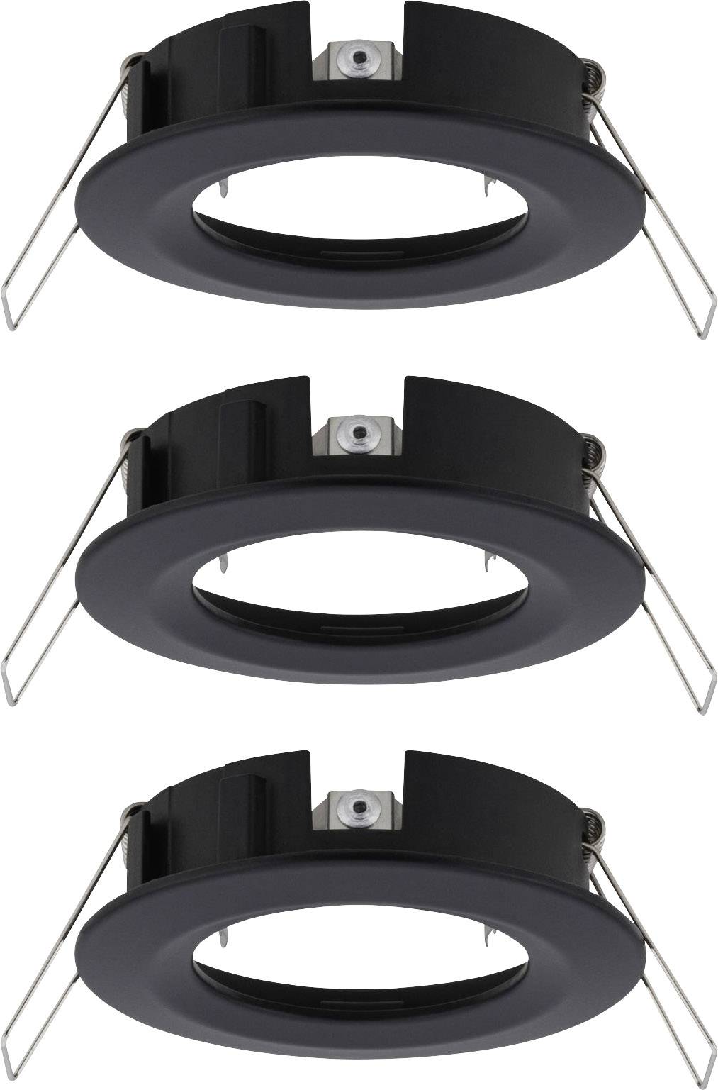 Drie zwarte, ronde LED-inbouwframes met klemmen, verticaal gestapeld. Geschikt voor plafondmontage.