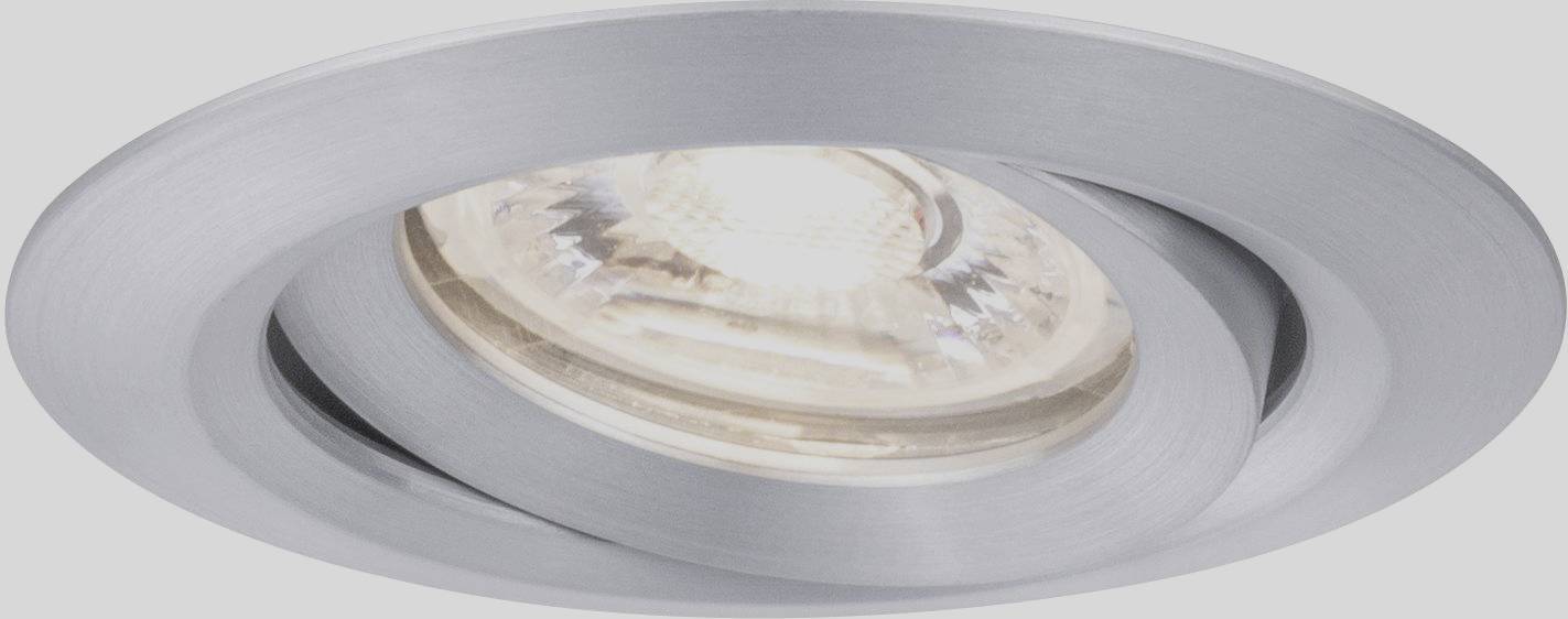 Een moderne, ronde LED-plafondspot met een zilveren behuizing die warm licht uitstraalt.