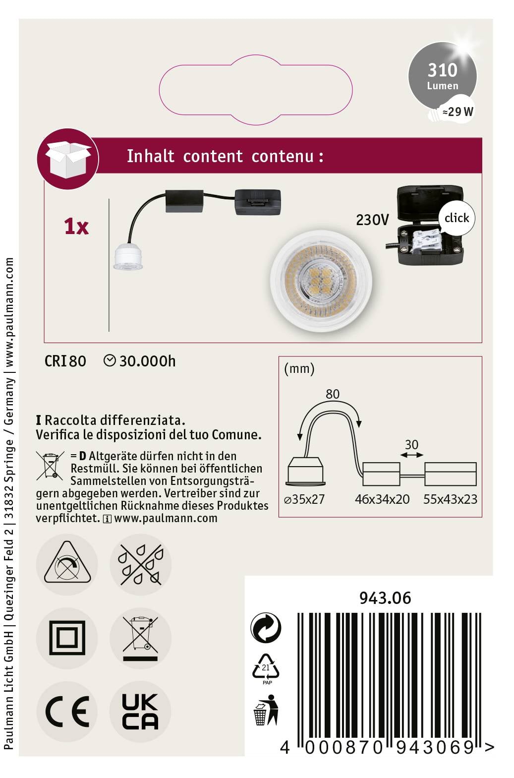 Verpakking van een LED-lamp. Boven: Lichtopbrengst 310 lumen, vervangt 29W. Midden: Schets van de lamp met EU-stekker. Onder: Barcodes, recyclinginstructies.