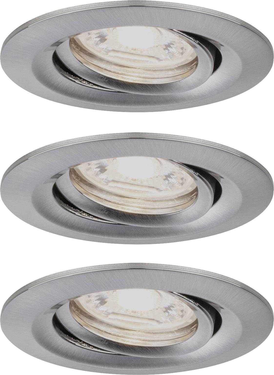 Drie ronde inbouwspots van metaal, verticaal gerangschikt, met geborstelde afwerking en elk voorzien van een geïntegreerde LED-lamp.